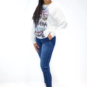 FELPA DEHA GIROCOLLO CON STAMPA BIANCO