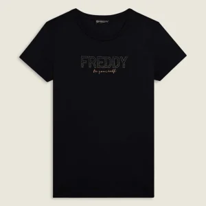 T-shirt donna con mini spacchi laterali e logo in strass