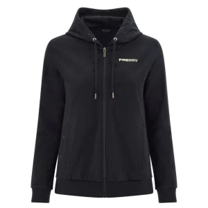 Felpa fondo svasato con grafica su cappuccio e fianchi