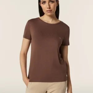 T-shirt donna in jersey di viscosa con stampa oro rosa