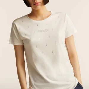 T-Shirt in jersey modal con Strass e Taglio Arrotondato