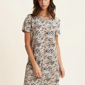 Vestito midi in viscosa animalier con maniche corte